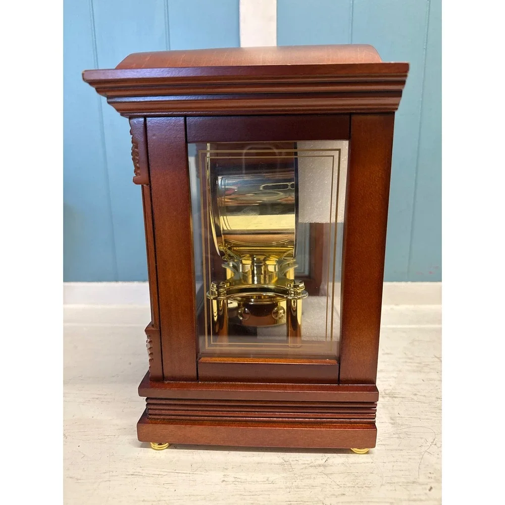 Bulova Wood Mantel Clock B1845 Chadbourne Rotating Pendulum Brown Gold Tone